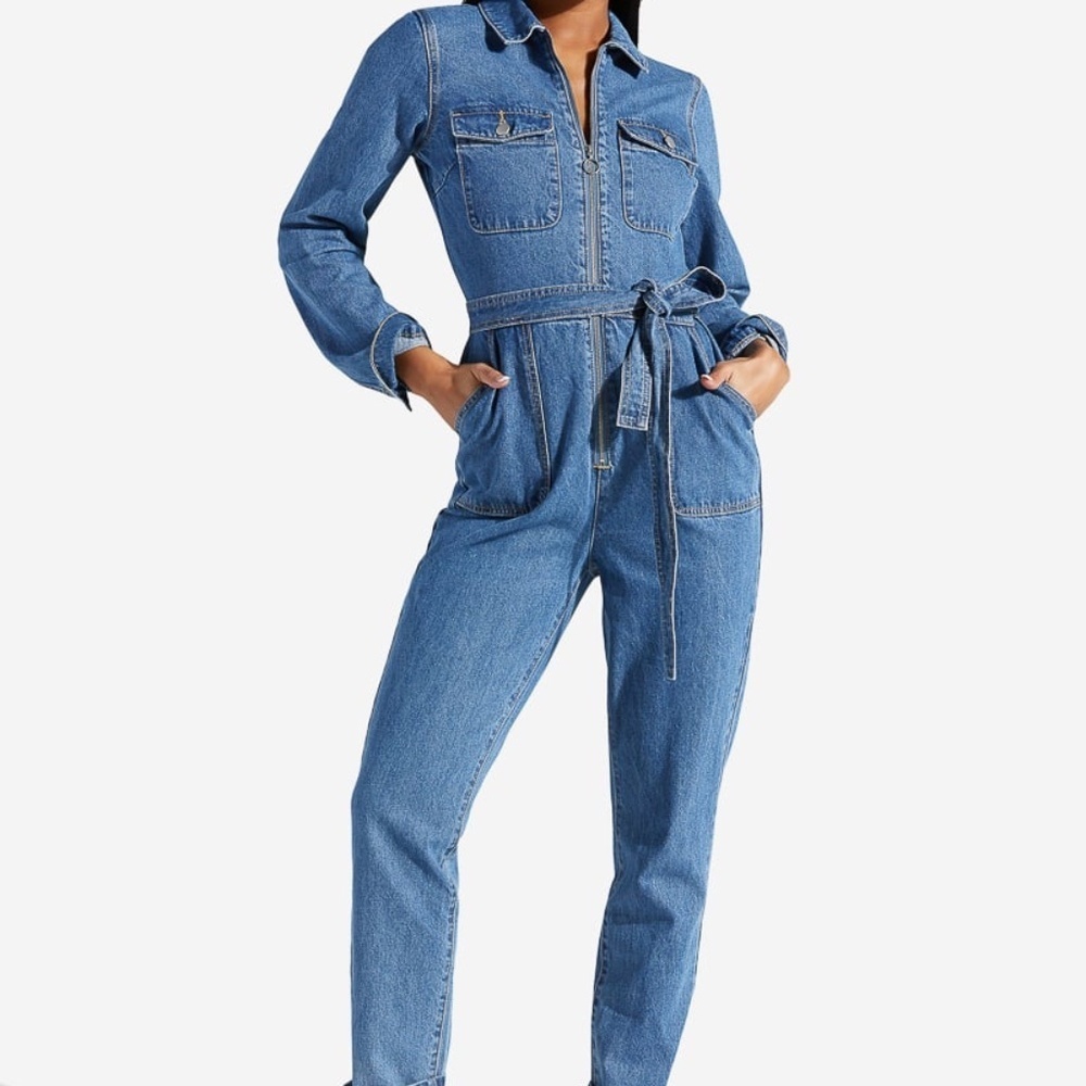 Shoe Dazzle New Gorpcore Blue Utility Medium Wash Grunge Boho Denim Jumpsuit *S
